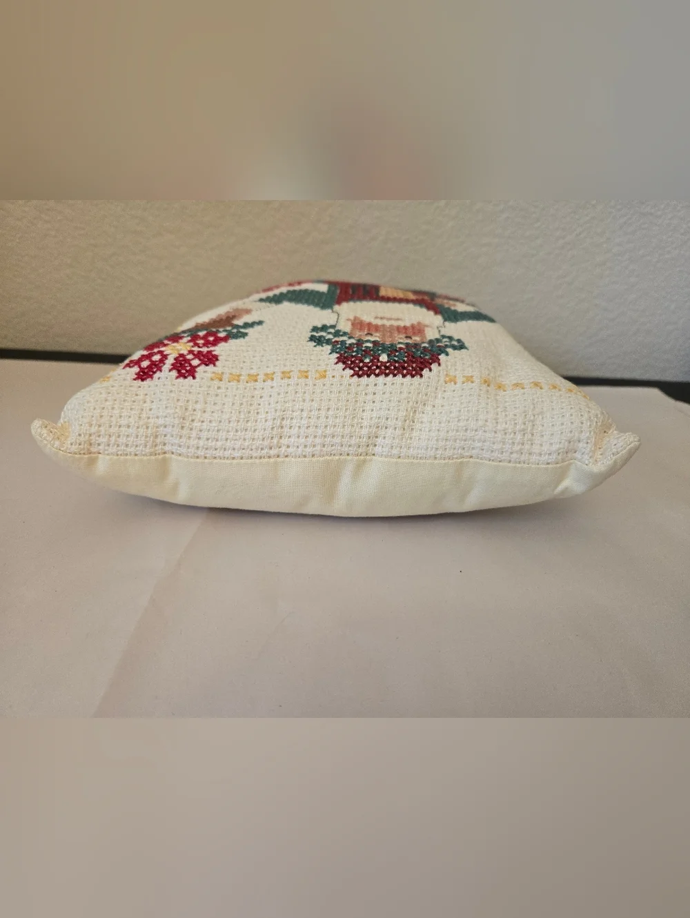 Vintage Needlepoint Santa Pillow Gardening Theme Accent Decor Christmas Holiday